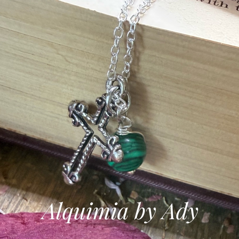 Malachite silver big Saint Benedict medal Beaded Bracelet - Picture 9 of 14